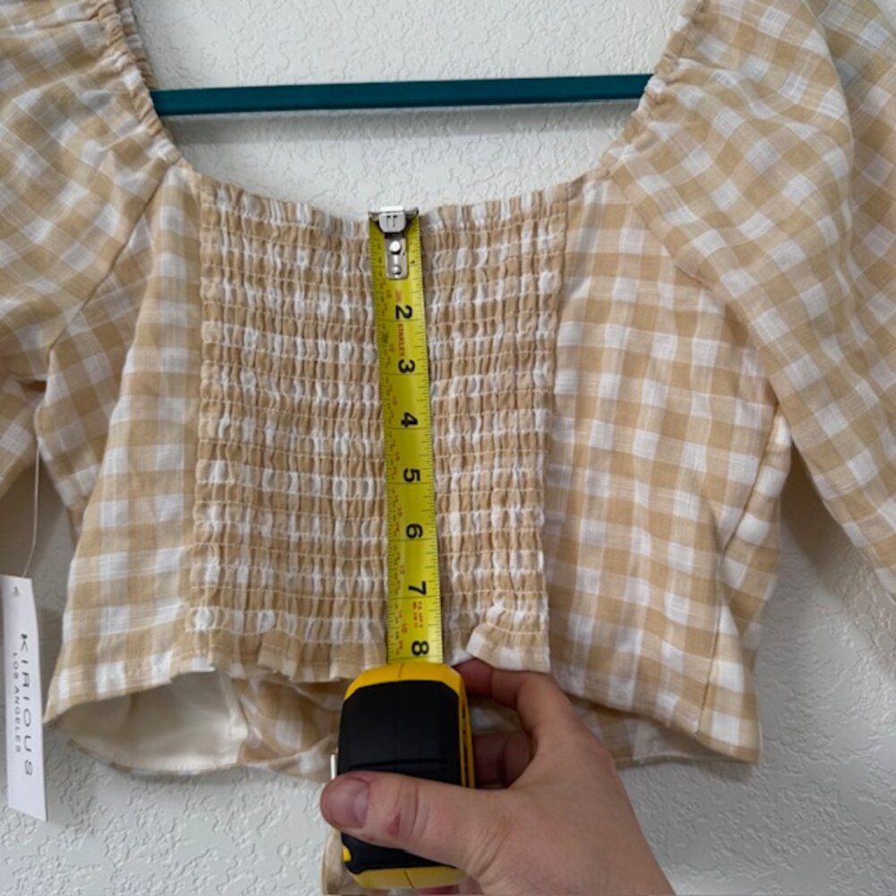 Kirious Gingham Crop Top Women Small Tan White Tie Front Smocked Puff Sleeve - Picture 7 of 7